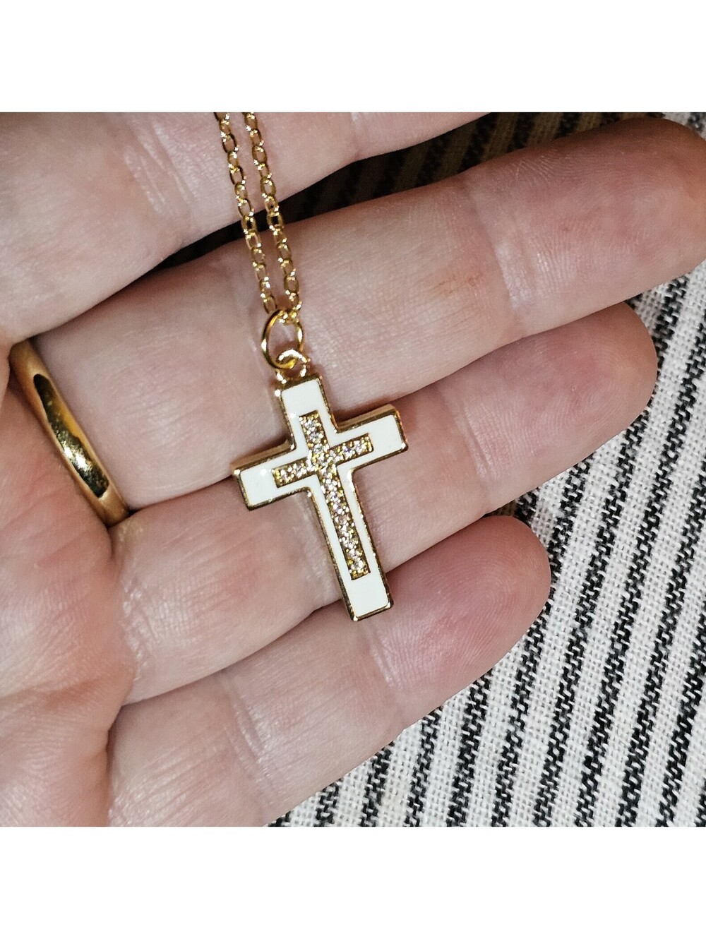 Elegant White Enamel Pave CZ Cross Pendant Necklace Gold-plated